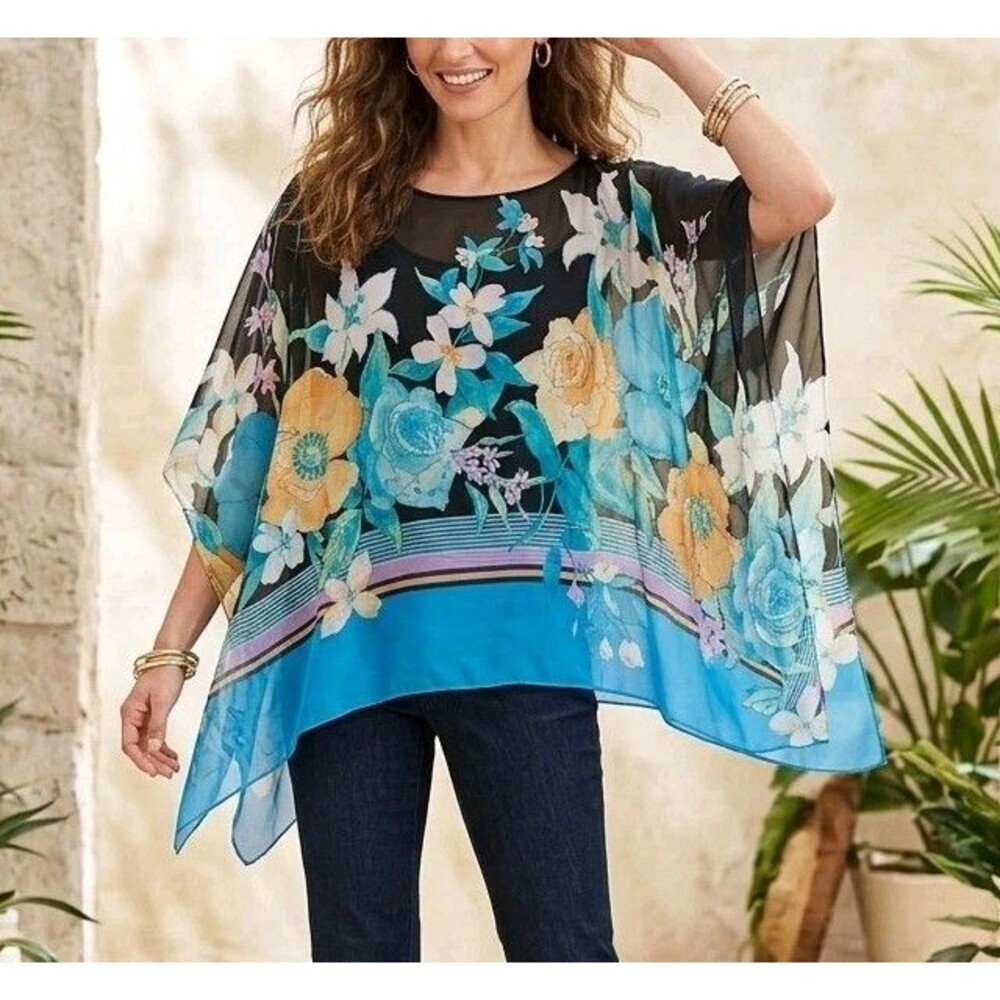 Coldwater Creek 100% Silk Beaded Floral Poncho Top - 14